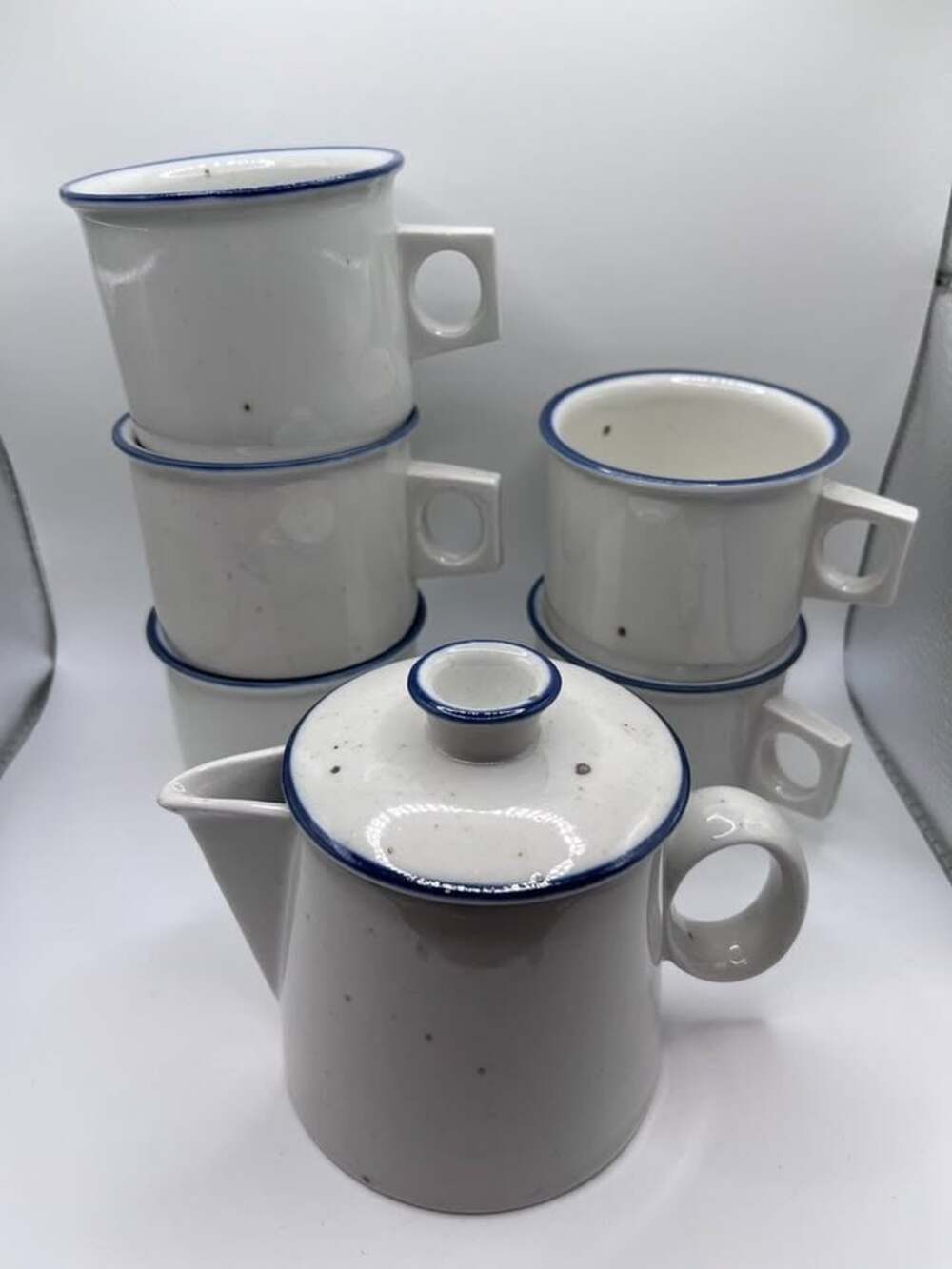 Vintage Dansk Blue Mist Stoneware Teapot & Mug Set 5pc Mid Century Niels Refsgaa